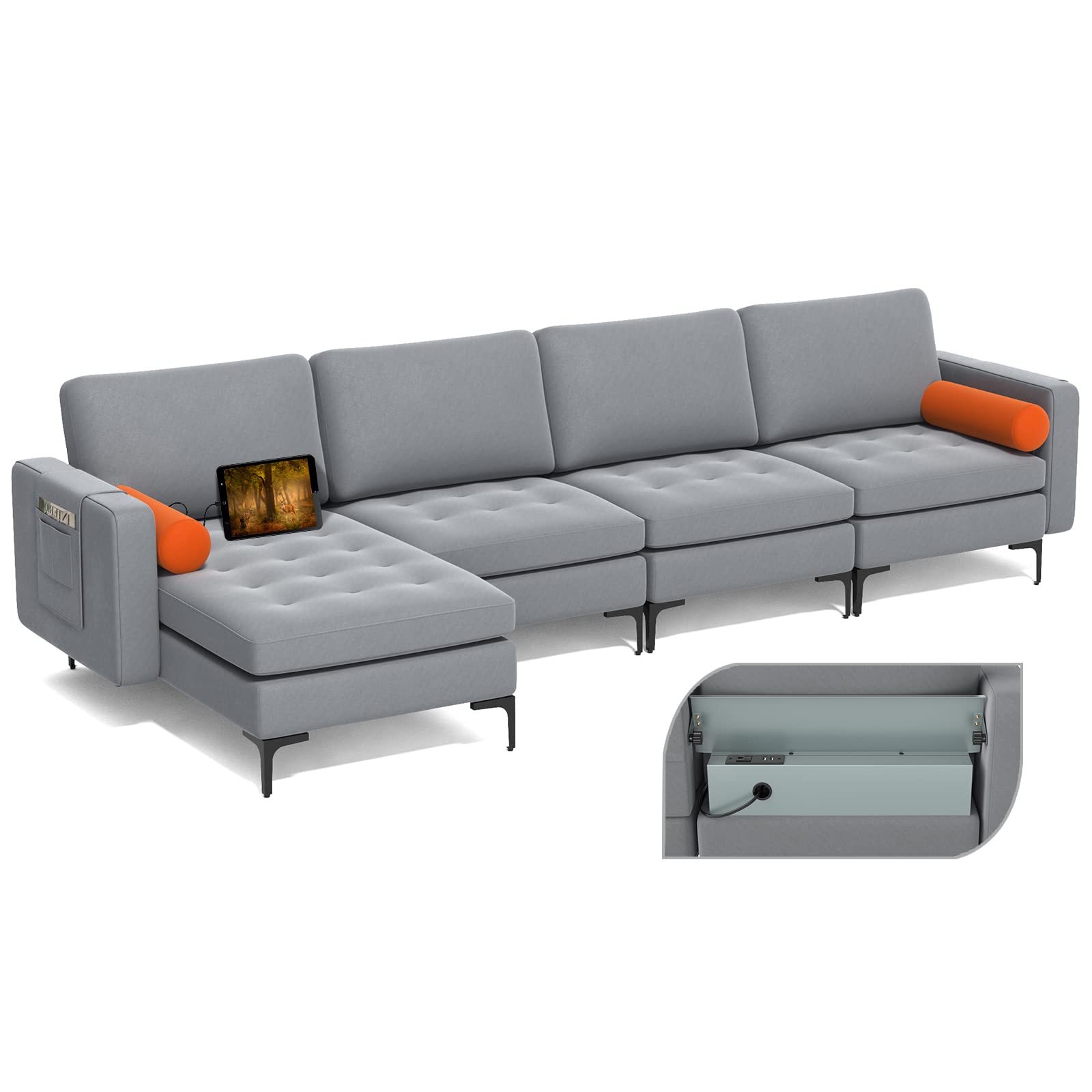 Giantex Sectional Sofa Couch, Convertible Sleeper with 2 or 1 USB Ports Socket 