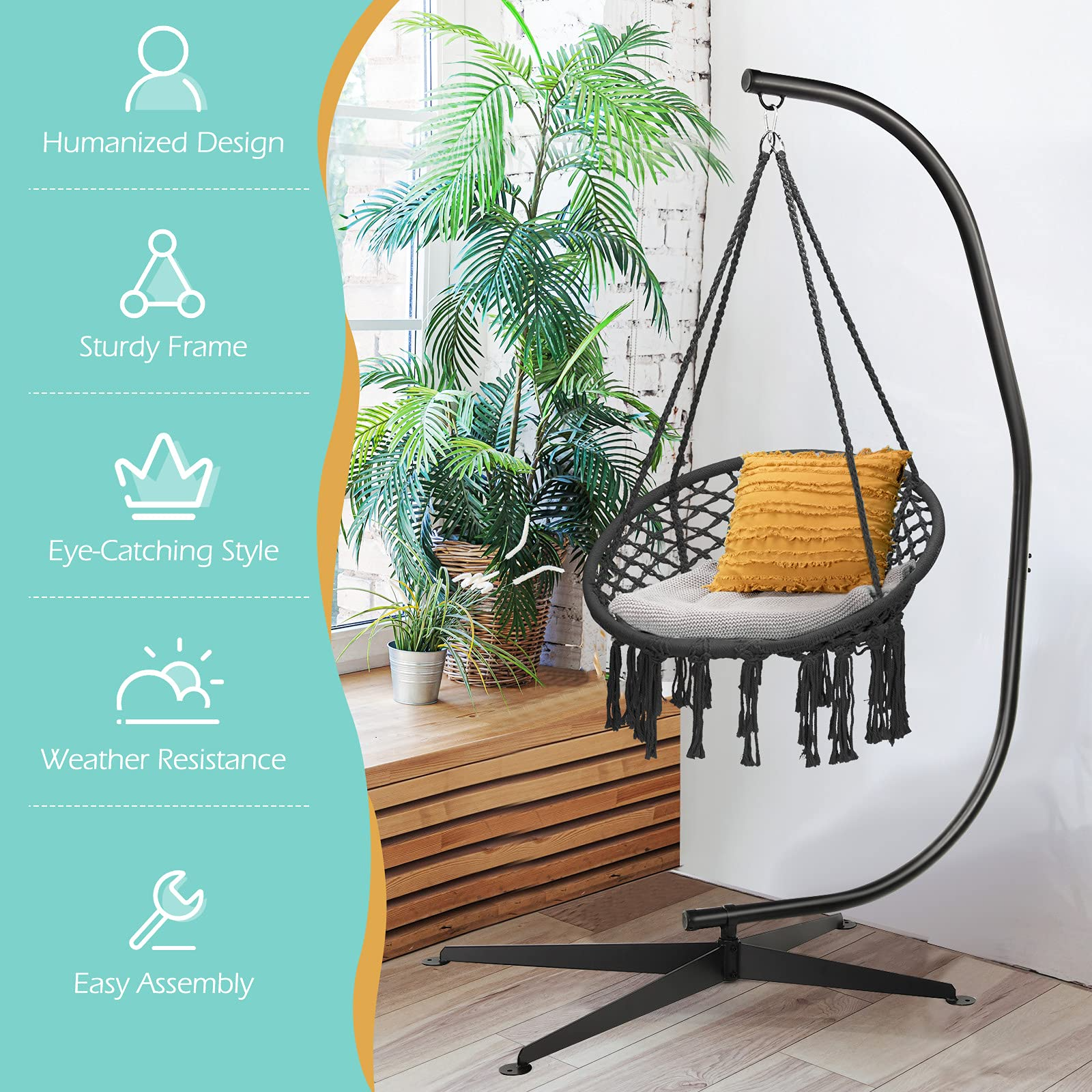 Giantex Hammock Chair with Stand, Solid Steel Heavy Duty C Stand with Macrame Hanging Chair 