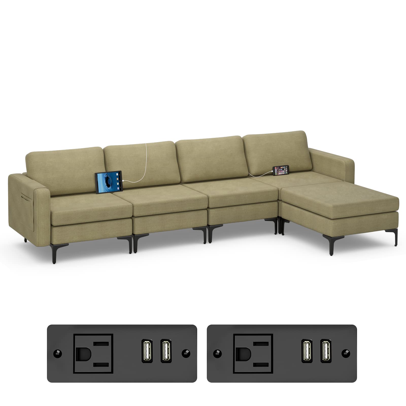 Giantex 4 Seat Convertible Sofa Couch, 123" L Sectional Sleeper with 2 or 1 USB Ports Socket 