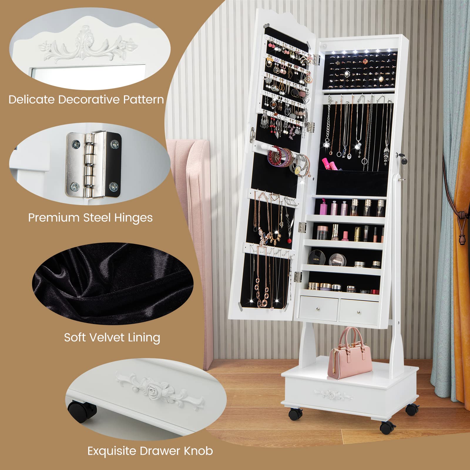 CHARMAID 6 LEDs Rolling Jewelry Cabinet with High Full Length Mirror, Lockable Standing Jewelry Armoire with Wheels 