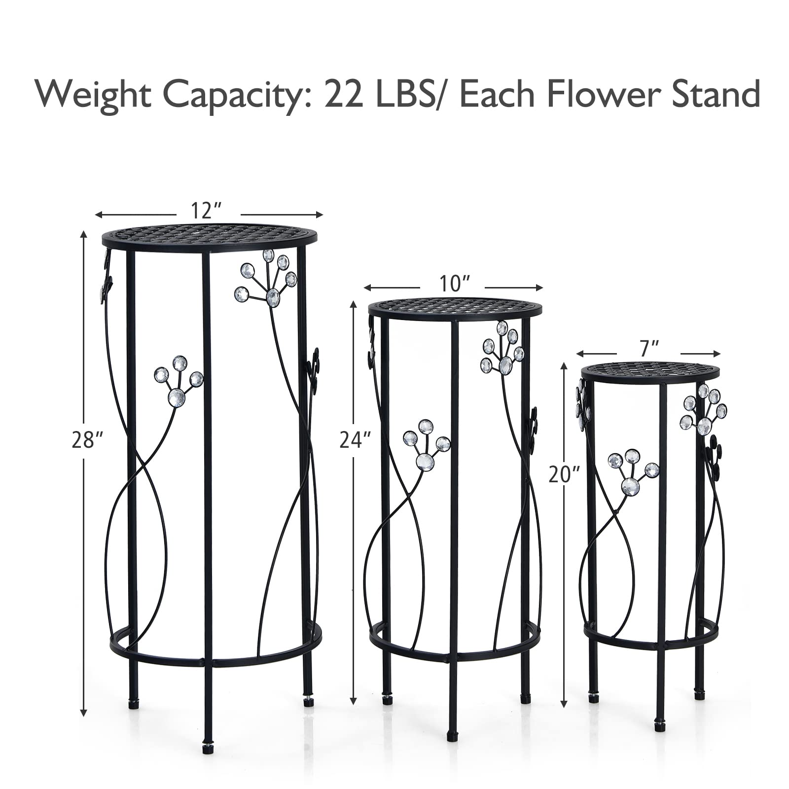 3 Pieces Flower Pots Display Rack with Vines and Crystal Floral Design 