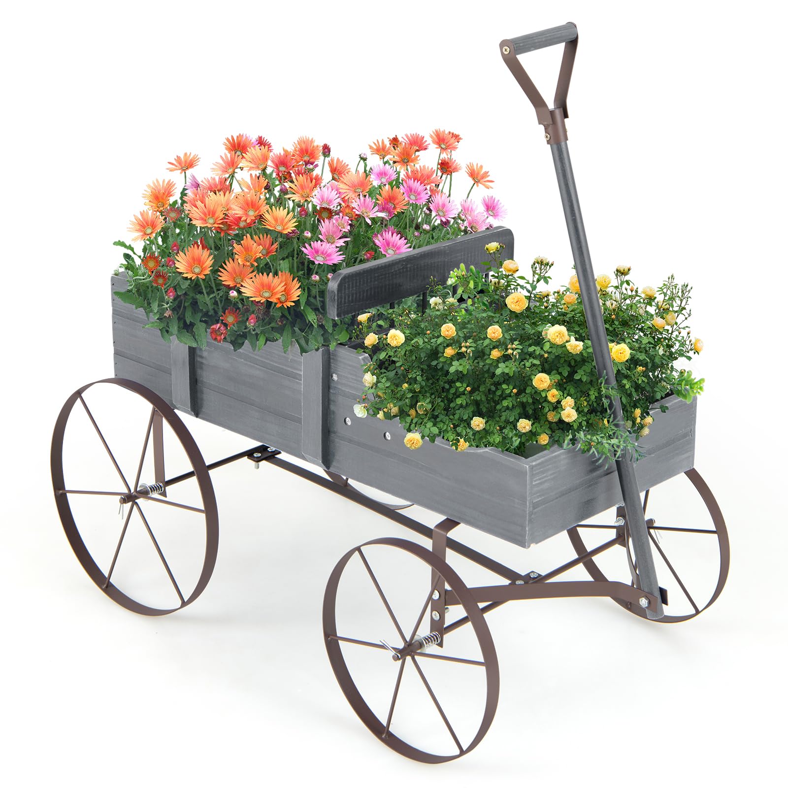 Giantex Decorative Garden Planter, Small Wagon Cart with Metal Wheels, Wood Raised Beds Plant Pot Stand for Backyard Garden Patio 24.5"x13.5"x24" 