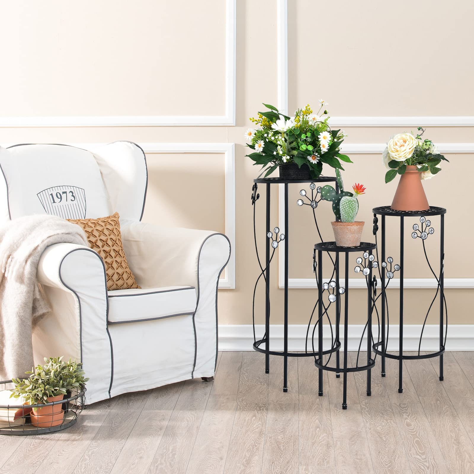 3 Pieces Flower Pots Display Rack with Vines and Crystal Floral Design 