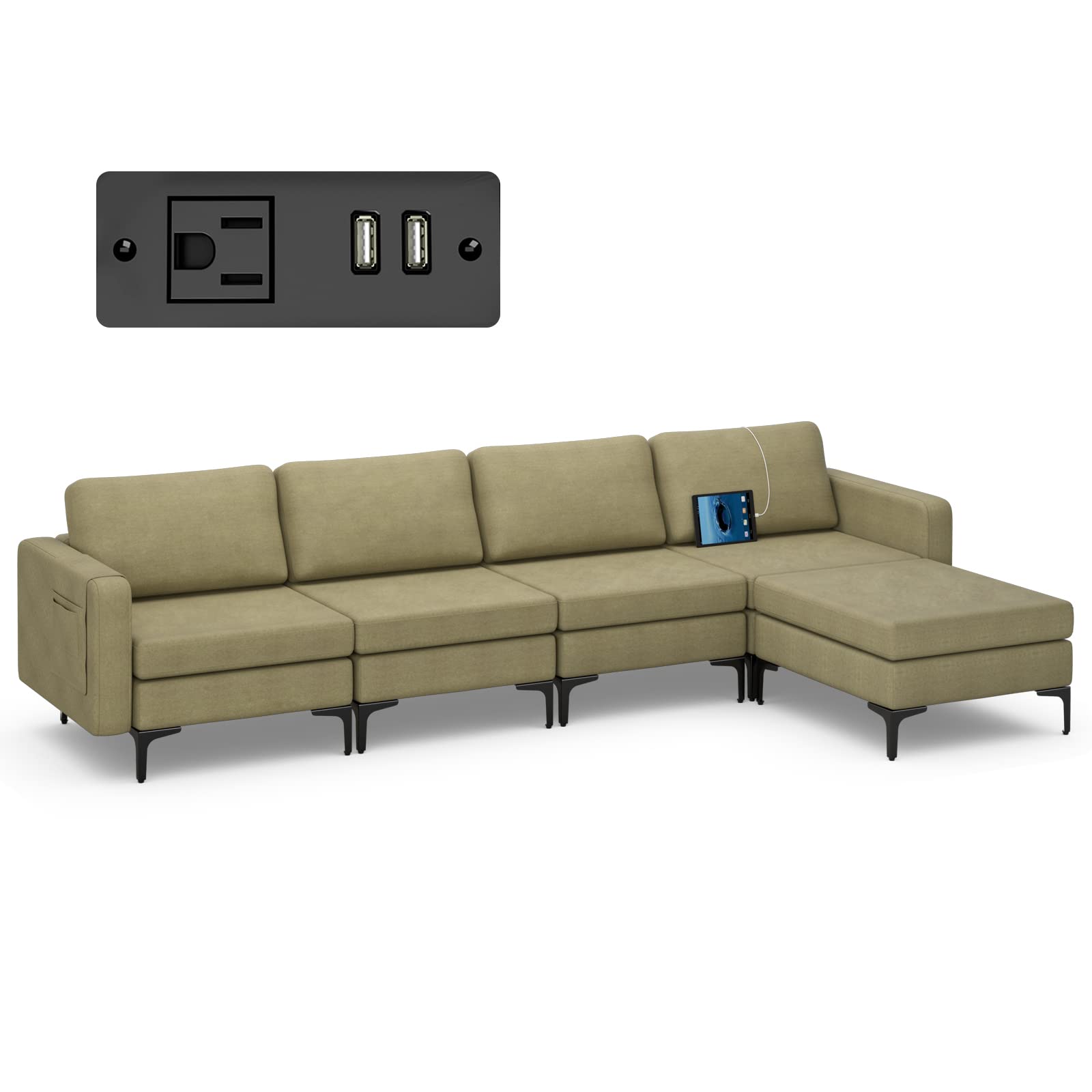 Giantex 4 Seat Convertible Sofa Couch, 123" L Sectional Sleeper with 2 or 1 USB Ports Socket 