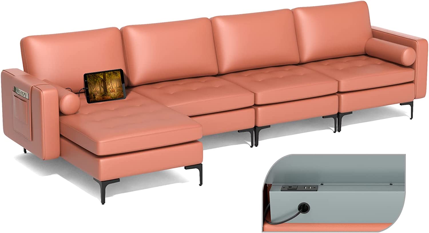Giantex Sectional Sofa Couch, Convertible Sleeper with 2 or 1 USB Ports Socket 