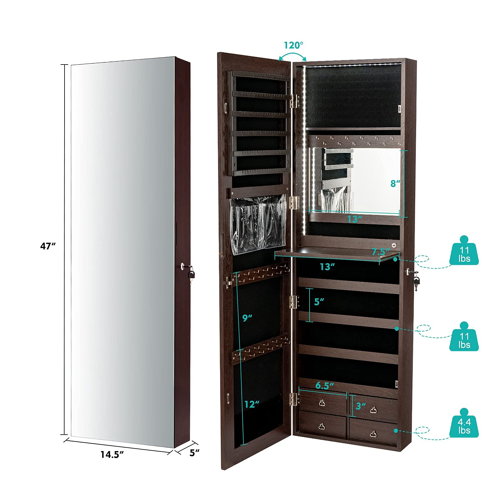 CHARMAID LED Strip Jewelry Armoire with 47.2" H Full Length Mirror 