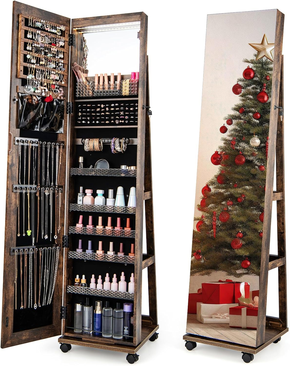 CHARMAID | 360-degree Rotating Jewelry Armoire with Higher Full Length Mirror 