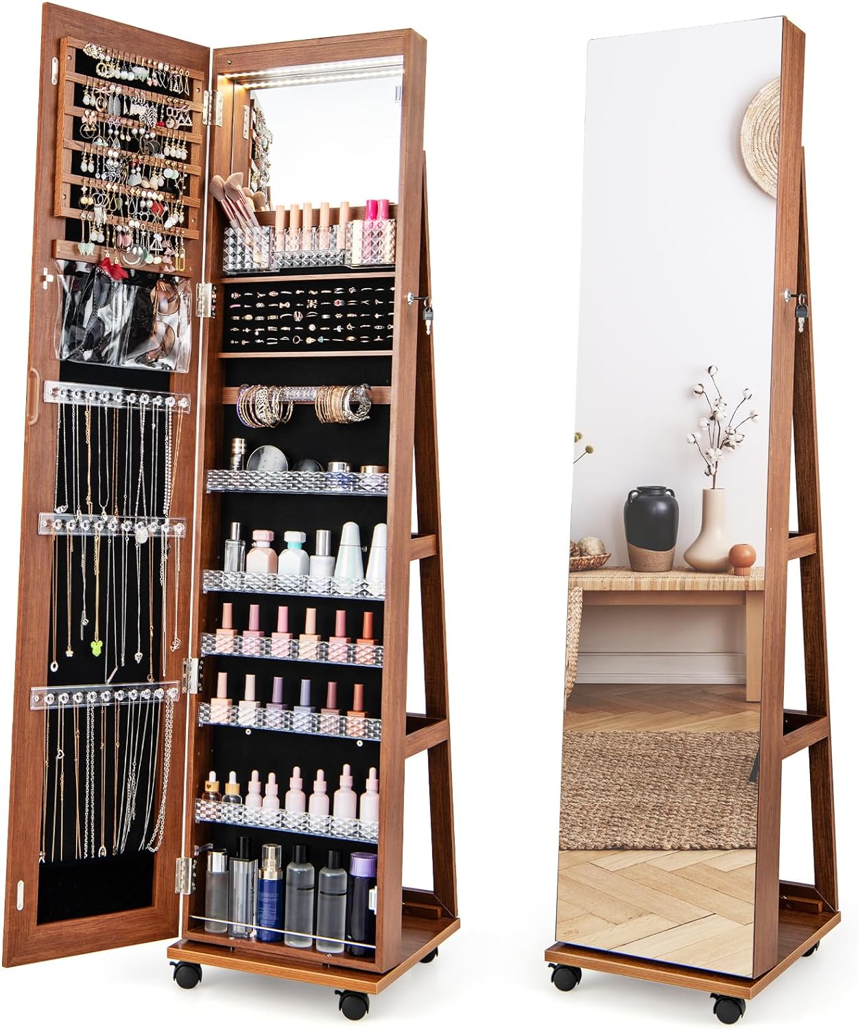 CHARMAID | 360-degree Rotating Jewelry Armoire with Higher Full Length Mirror 