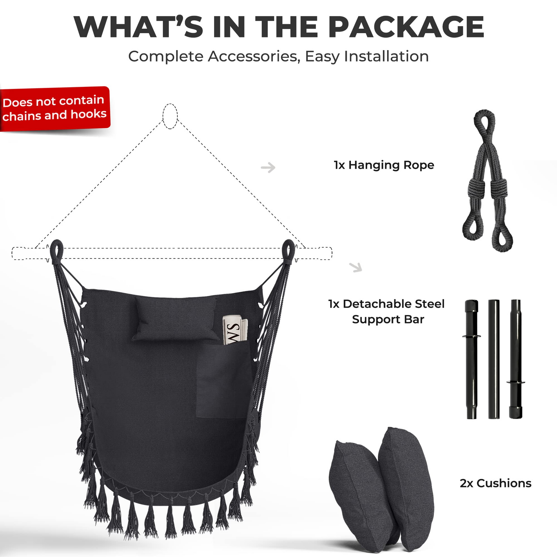 Hanging Chair Hammock Swing Chair - with Sturdy Steel Hanging Bar 