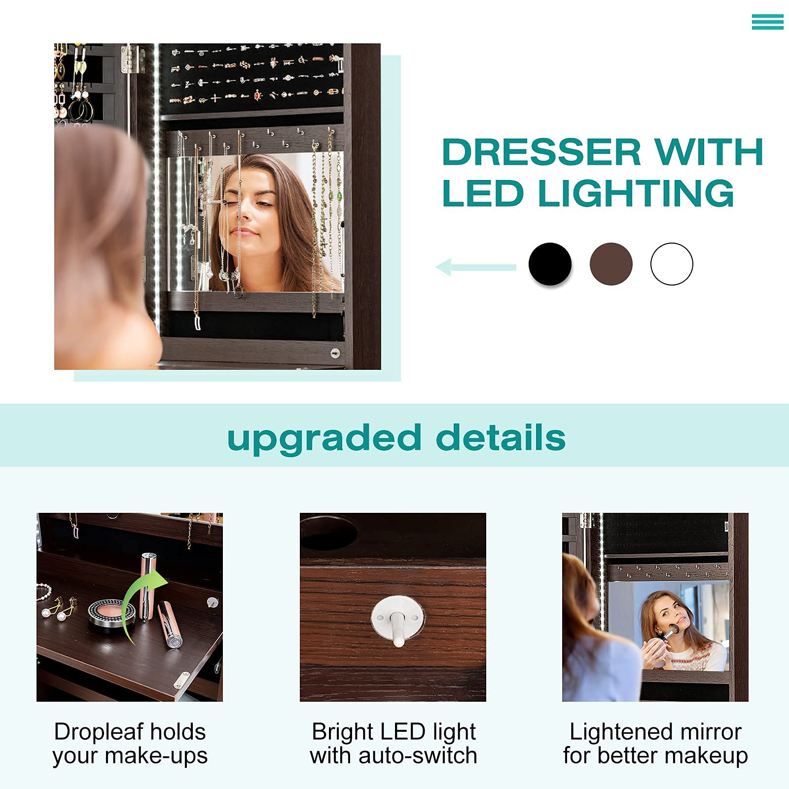 CHARMAID LED Strip Jewelry Armoire with 47.2" H Full Length Mirror 