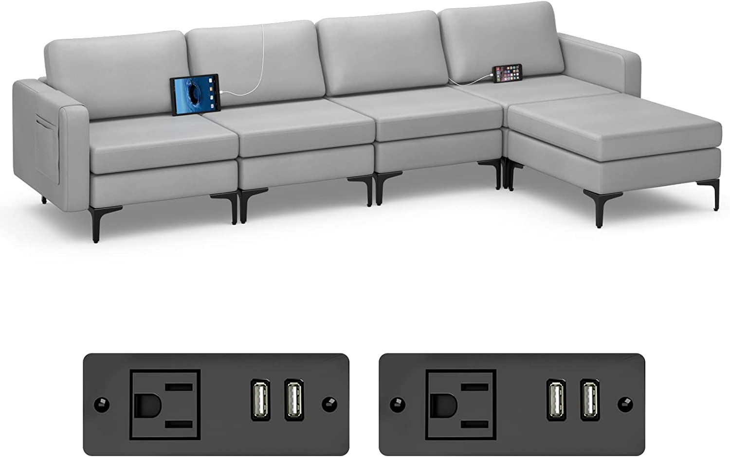 Giantex 4 Seat Convertible Sofa Couch, 123" L Sectional Sleeper with 2 or 1 USB Ports Socket 