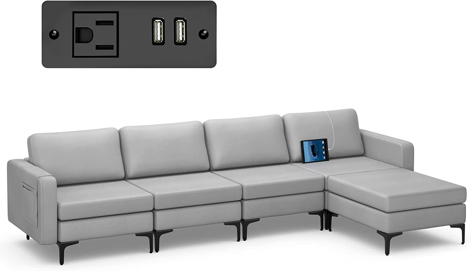 Giantex 4 Seat Convertible Sofa Couch, 123" L Sectional Sleeper with 2 or 1 USB Ports Socket 