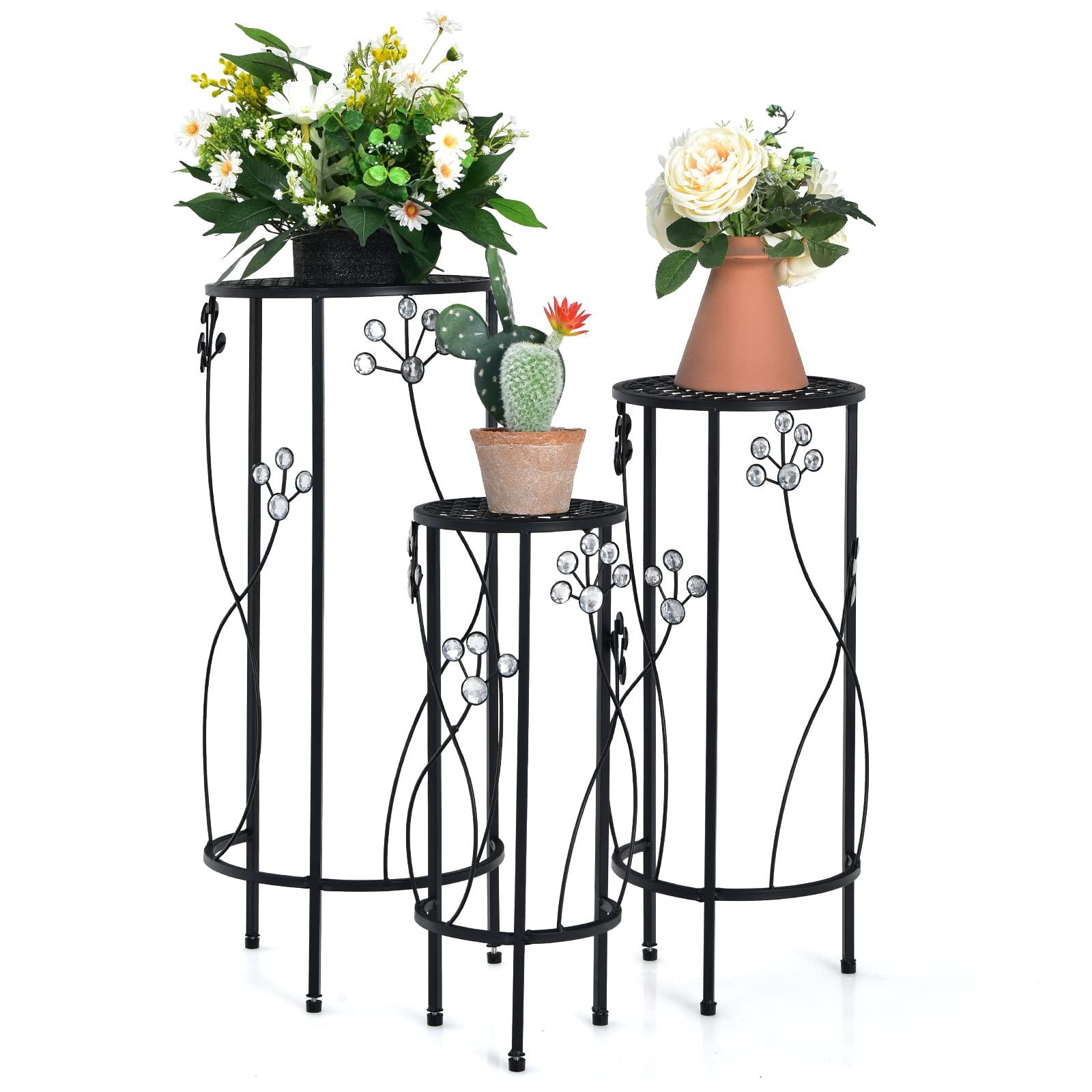 3 Pieces Flower Pots Display Rack with Vines and Crystal Floral Design 