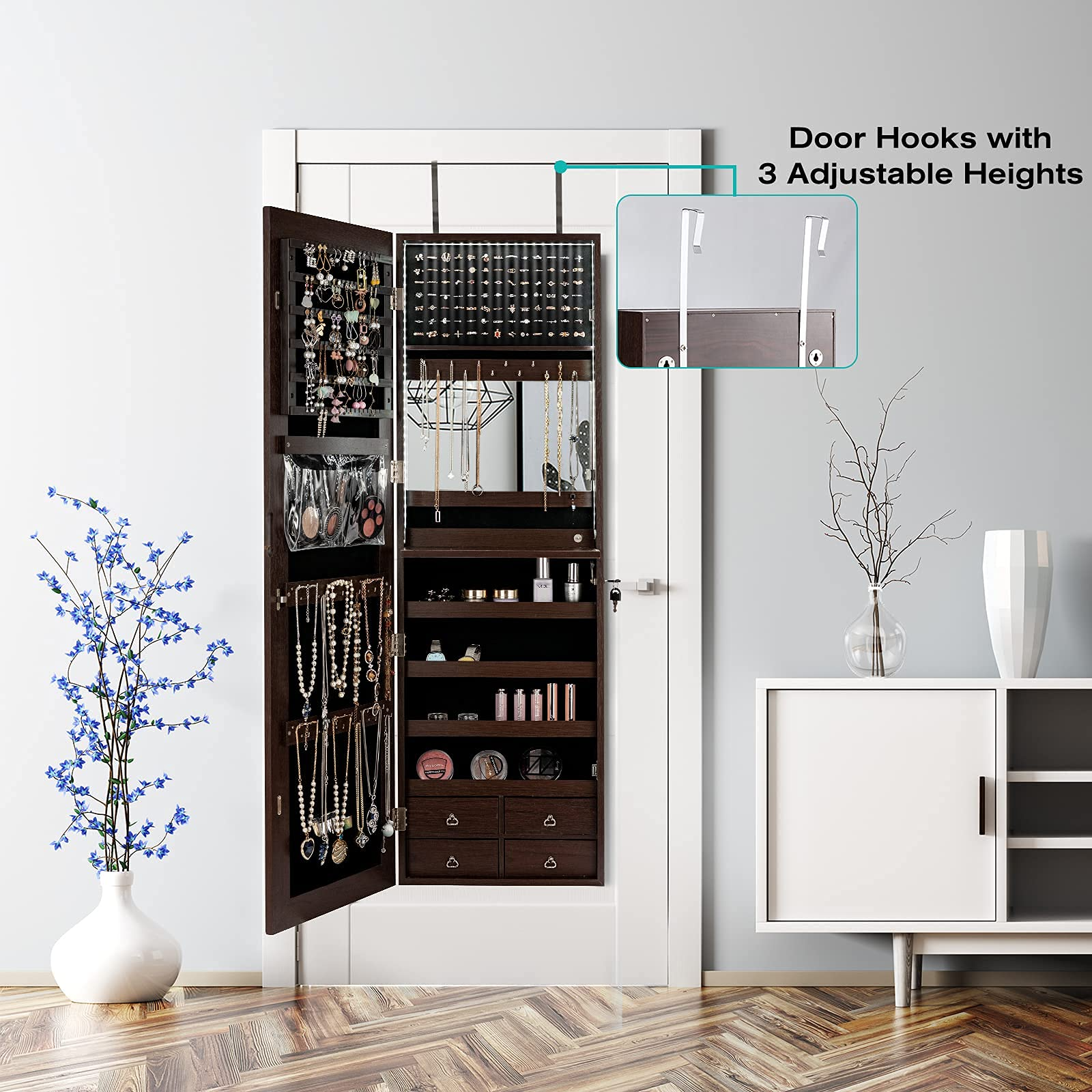 CHARMAID LED Strip Jewelry Armoire with 47.2" H Full Length Mirror 