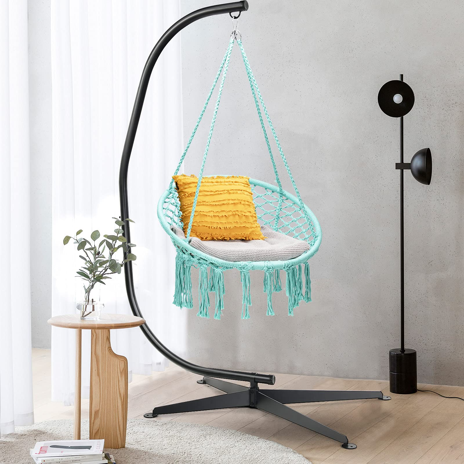 Giantex Hammock Chair with Stand, Solid Steel Heavy Duty C Stand with Macrame Hanging Chair 