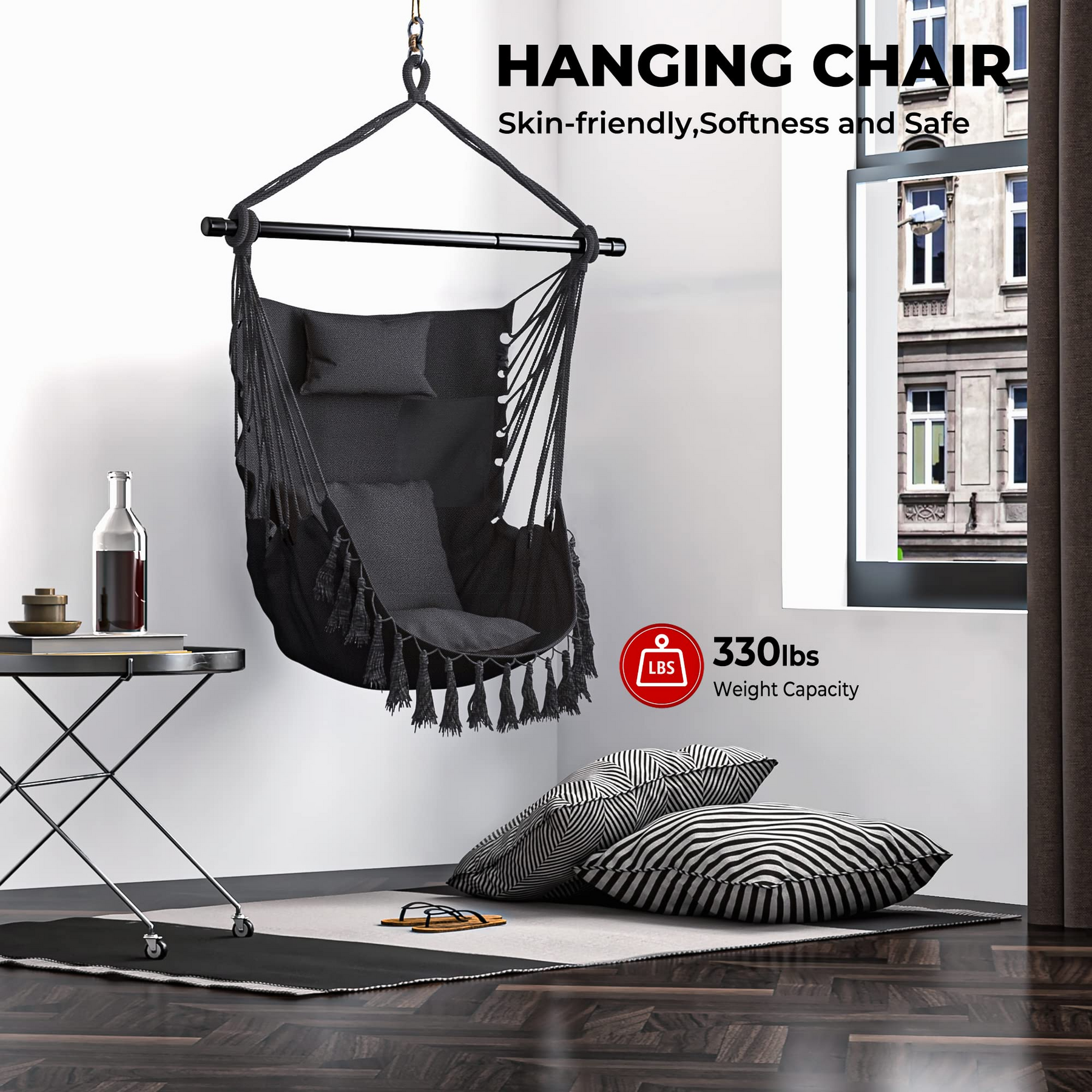 Hanging Chair Hammock Swing Chair - with Sturdy Steel Hanging Bar 
