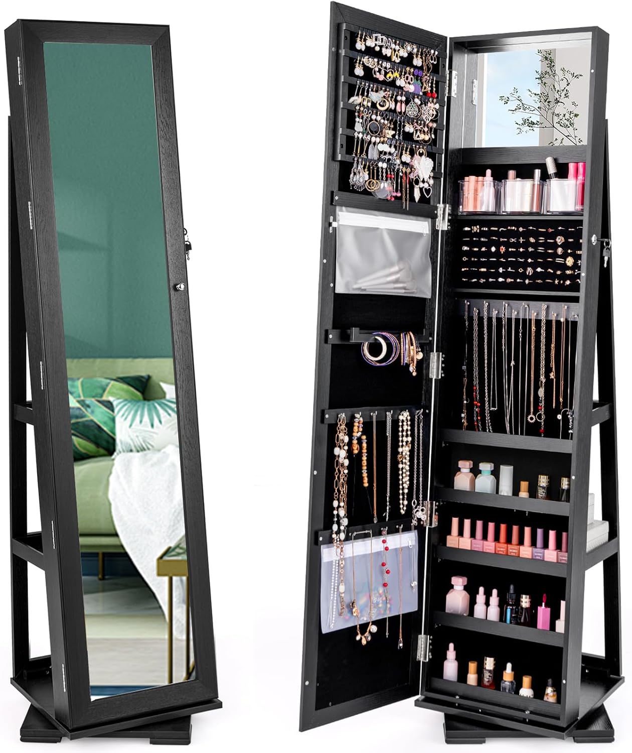 CHARMAID | 360-degree Rotating Jewelry Armoire with Higher Full Length Mirror 