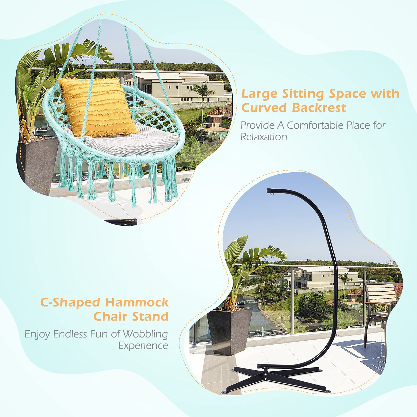 Giantex Hammock Chair with Stand, Solid Steel Heavy Duty C Stand with Macrame Hanging Chair 