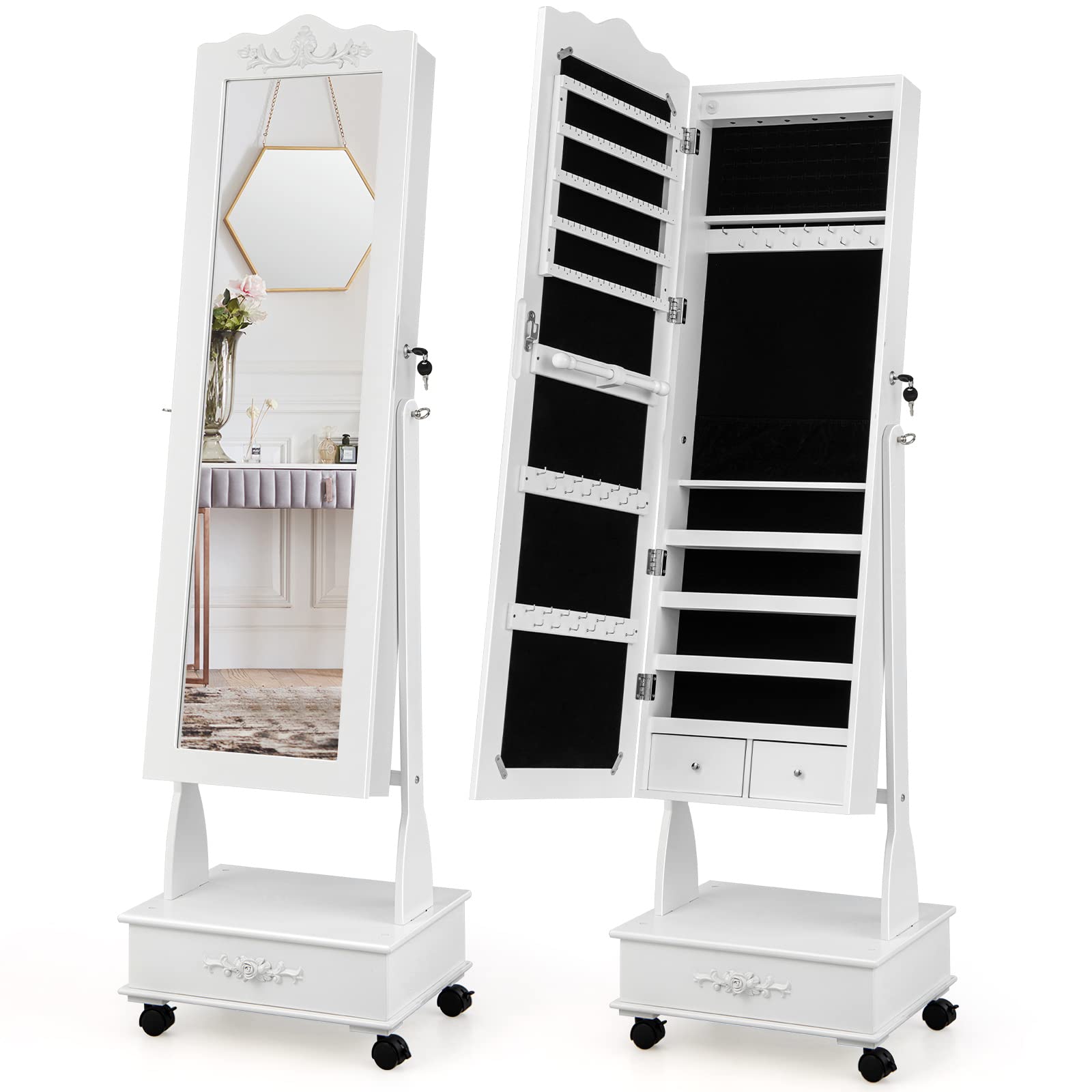 CHARMAID 6 LEDs Rolling Jewelry Cabinet with High Full Length Mirror, Lockable Standing Jewelry Armoire with Wheels 