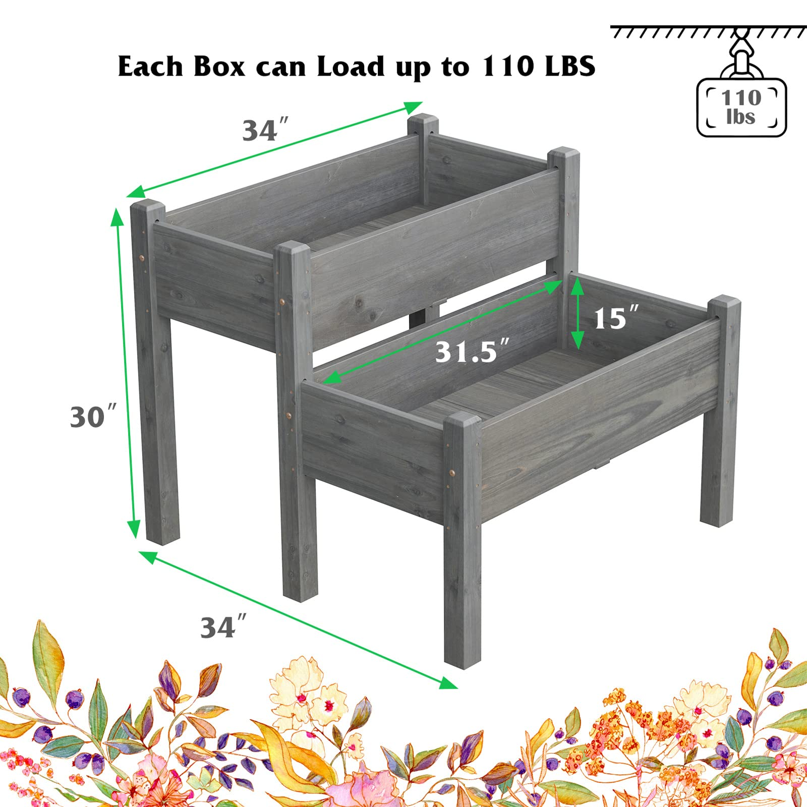 Set of 2 Raised Garden Bed, 34" x 33.5" x 28.5" (L x W x H) 
