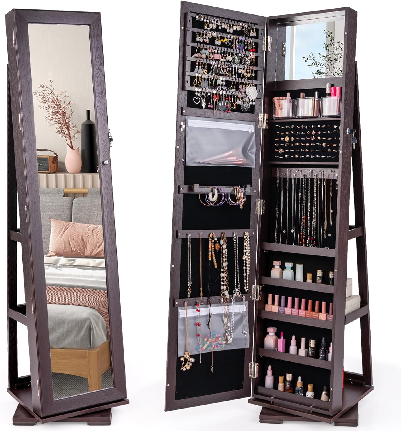 CHARMAID | 360-degree Rotating Jewelry Armoire with Higher Full Length Mirror 