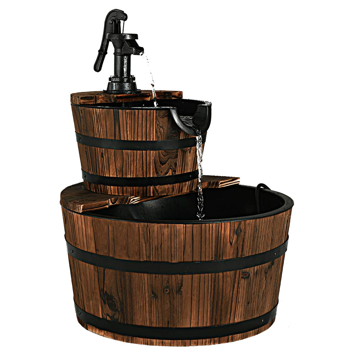 Giantex 2-Tier Barrel Waterfall Fountain with Hand Pump