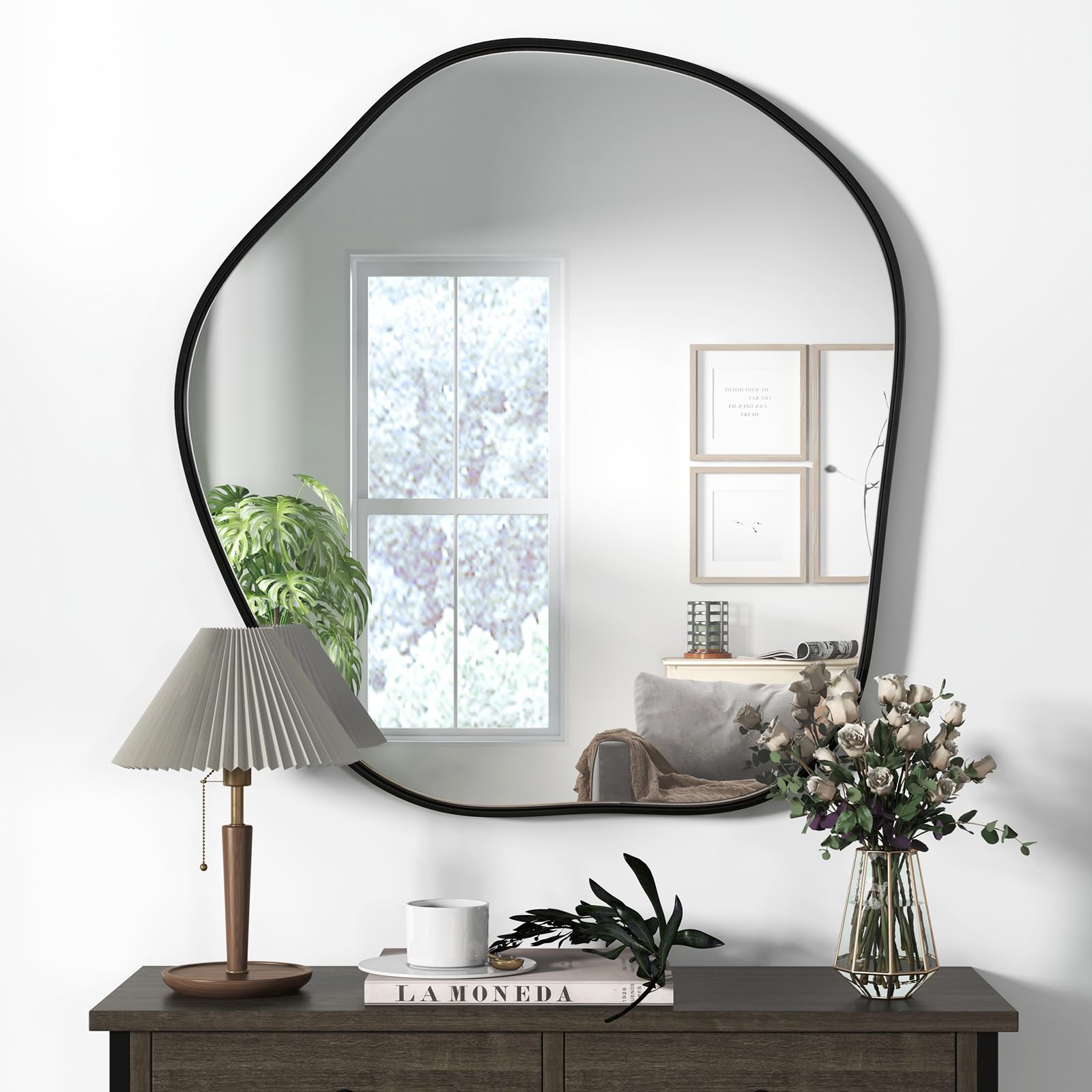 CHARMAID Irregular Wall Mirror, Asymmetrical Mirror Wall Mounted with Metal Frame and Wood Back Broad