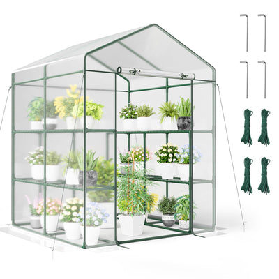 Giantex Walk-in Greenhouse w/ 3 Tiers 4 Shelves, 4 Ground Stakes & Ropes, PVC Cover 