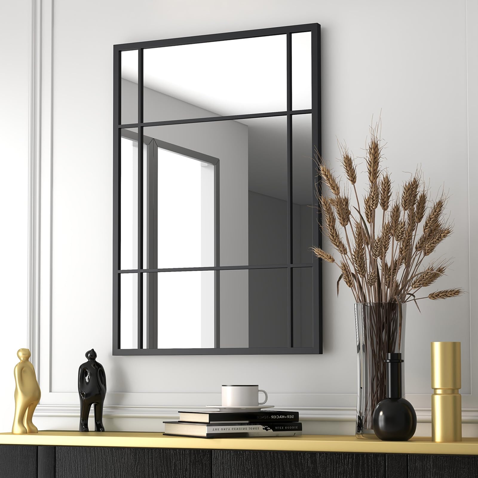 CHARMAID Window Wall Mirror - 40" x 28" Decorative Wall Mounted Mirror, Metal Framed Mirror 