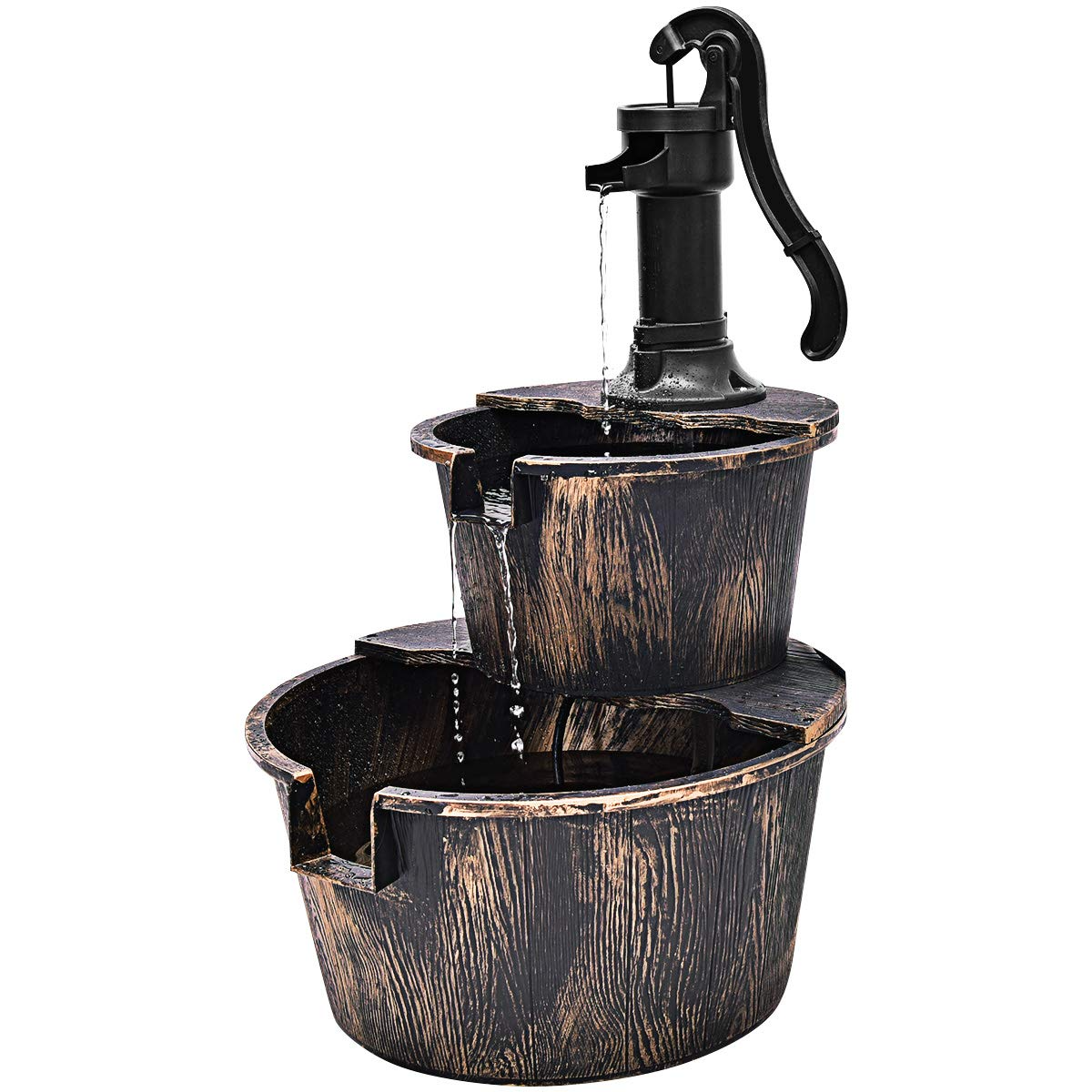 Giantex 2-Tier Rustic Barrel Waterfall Fountain with Pump