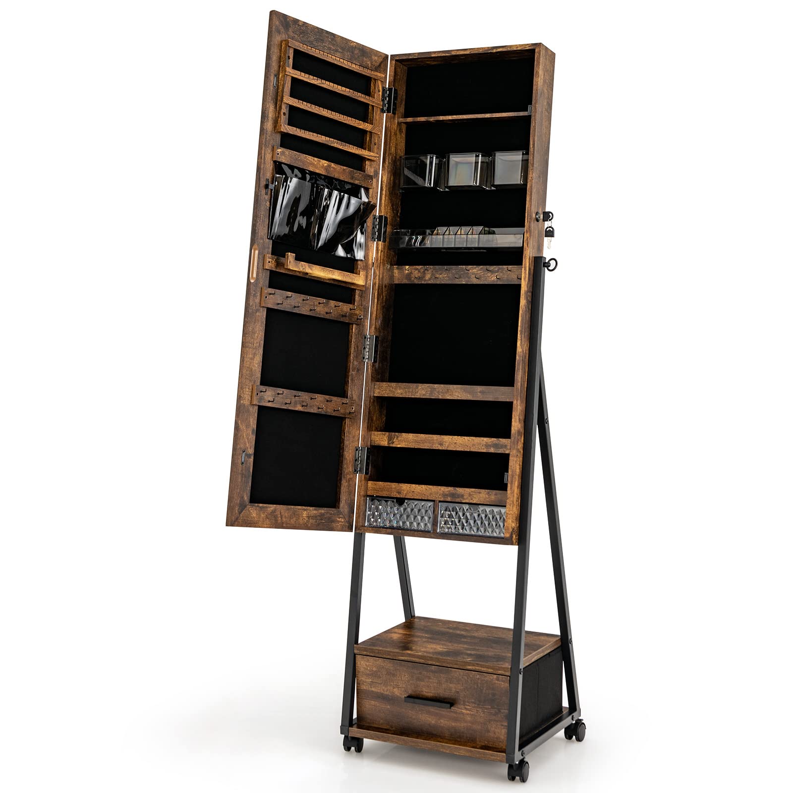 CHARMAID Rolling Jewelry Cabinet with Full Length Mirror, Lockable Standing Jewelry Armoire with Wheels