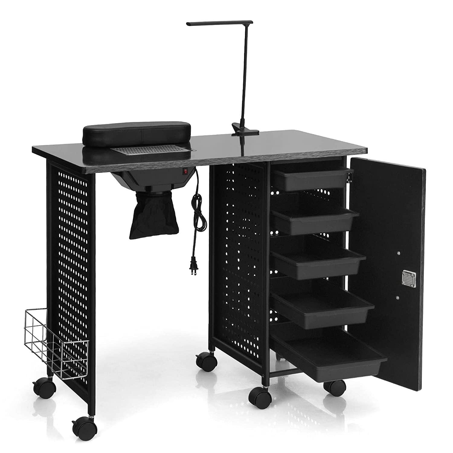 Nail Desk Manicure Table Steel Frame Nail Tables for Technician (Pure Black) 