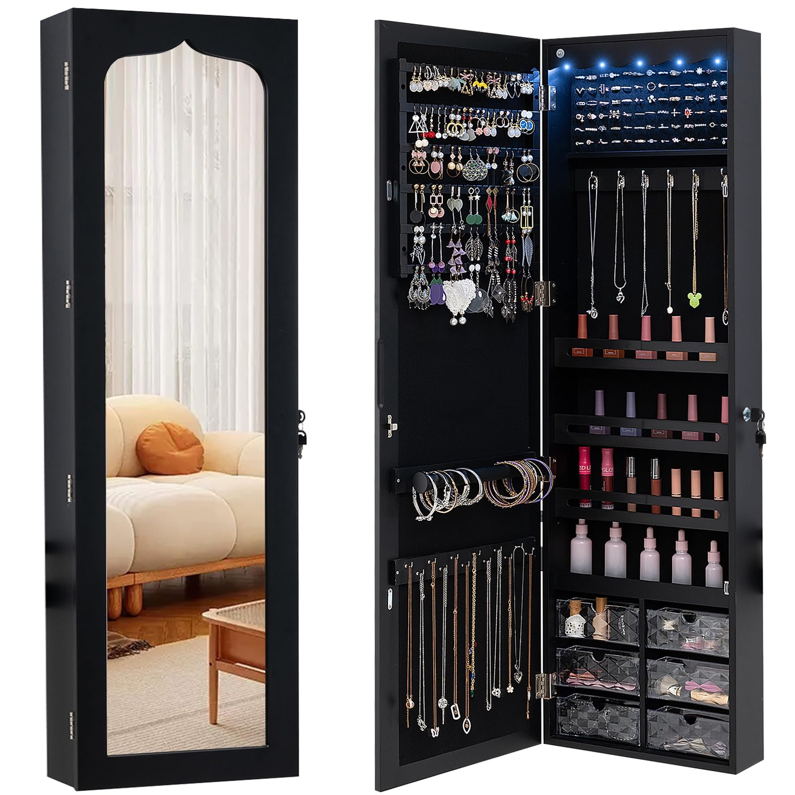 CHARMAID Jewelry Cabinet Armoire, Wall Mount Door Hanging, Lockable Jewelry Organizer with 47.5'' Full Length Mirror