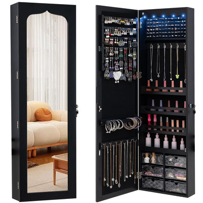 CHARMAID Jewelry Cabinet Armoire, Wall Mount Door Hanging, Lockable Jewelry Organizer with 47.5'' Full Length Mirror 