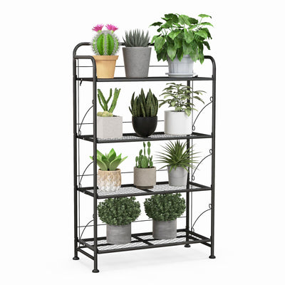 Giantex Folding Plant Stand, 4-Tires Collapsible Plant Rack with Adjustable Shelf, Black 