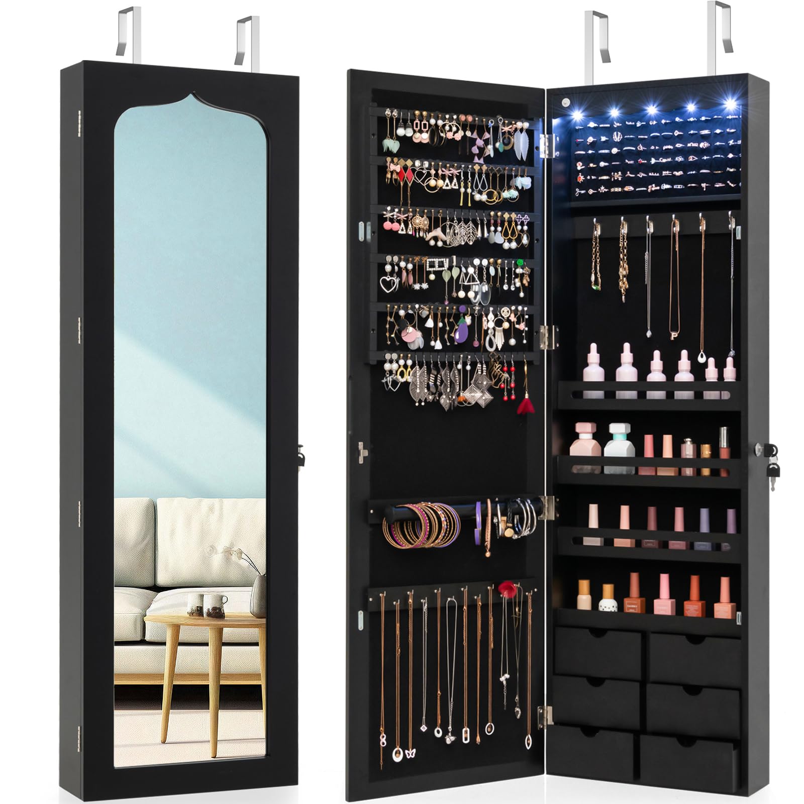 CHARMAID 5 LEDs Mirror Jewelry Armoire Wall Mounted Door Hanging, Lockable Jewelry Cabinet with 47.5"H Full Length Mirror 