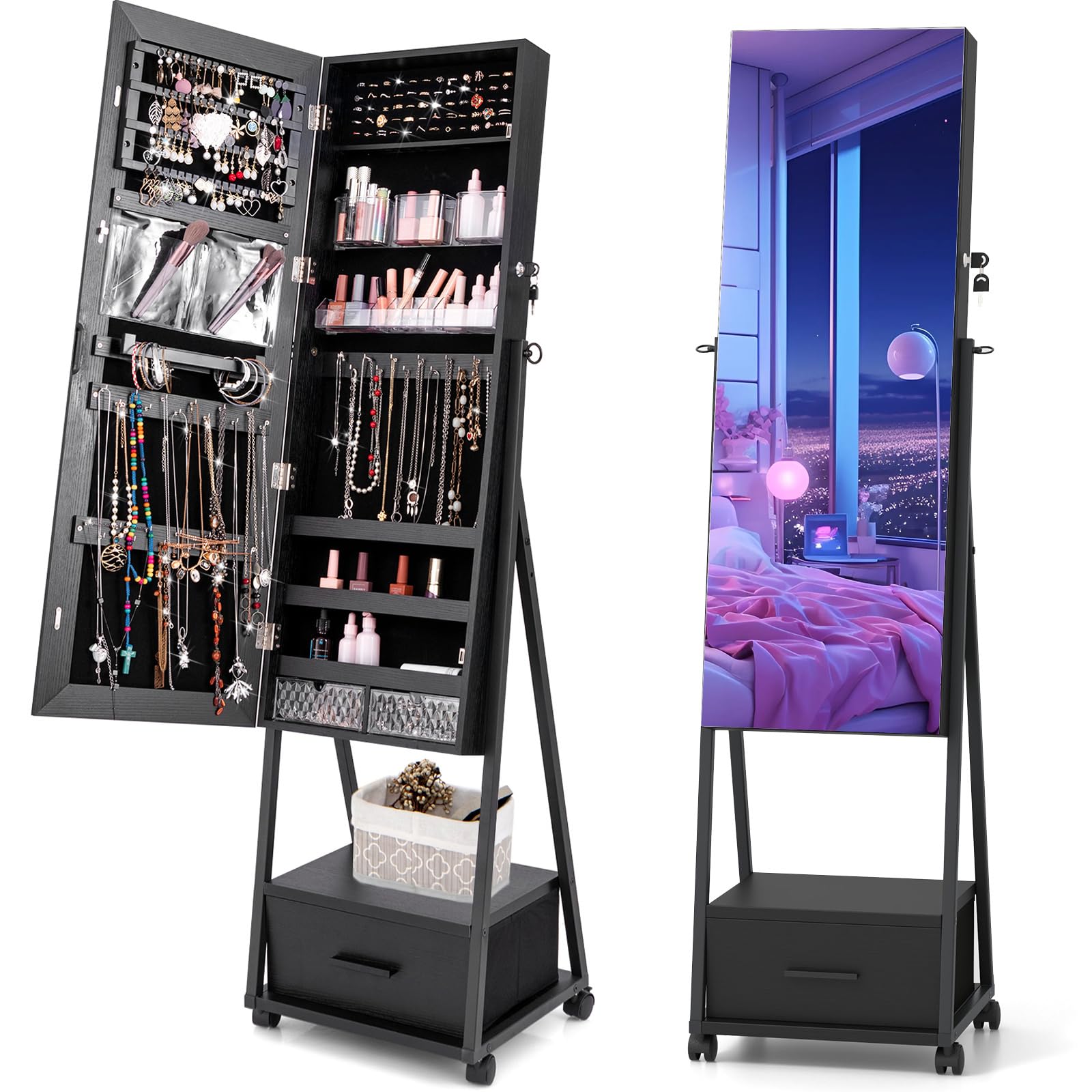 CHARMAID Rolling Jewelry Cabinet with Full Length Mirror