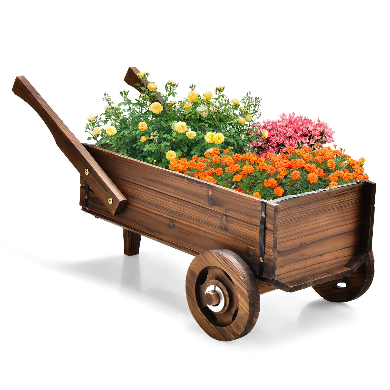 Giantex Wooden Wagon Planter Box, Decorative Wagon Cart with Wheels, Handles 