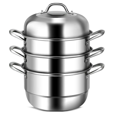 3-Layer Stainless Steel Steamer Pot for Cooking Soup and Steaming Food (Silver) 