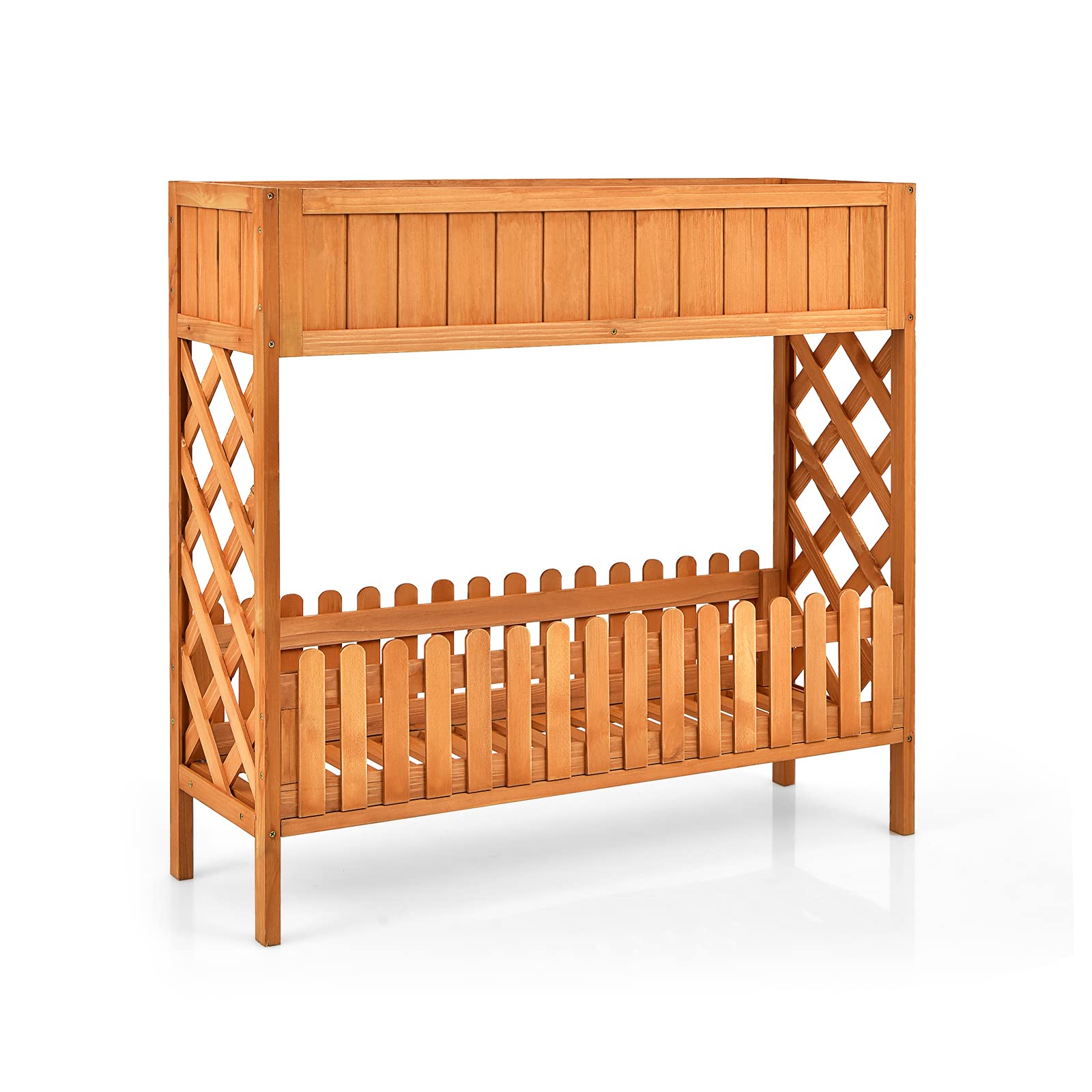 2-Tier Wood Potted Plant Rack with Fence 