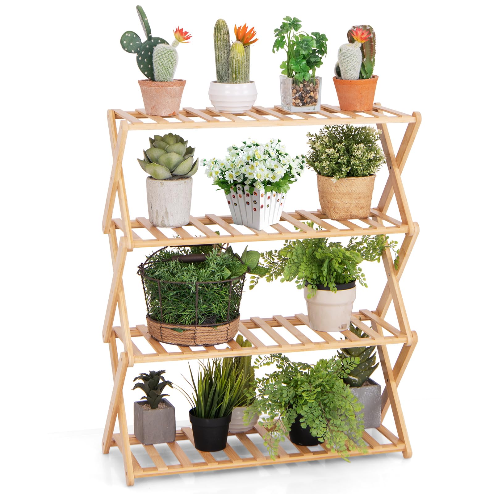 Giantex Bamboo Plant Stand Indoor, 4-Tier Folding Planter Shelf, Foldable Display Rack w/ Slatted Shelves, No Assembly 