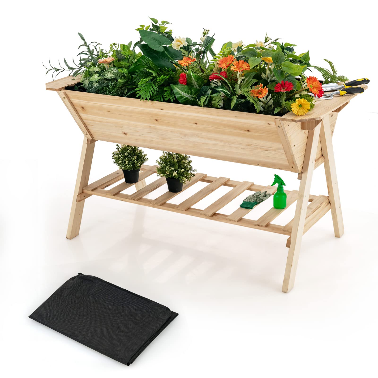 Giantex Plant Raised Bed 2 Tiers Garden Bed, Outdoor Fir Wood Plant Container with Storage Shelf 
