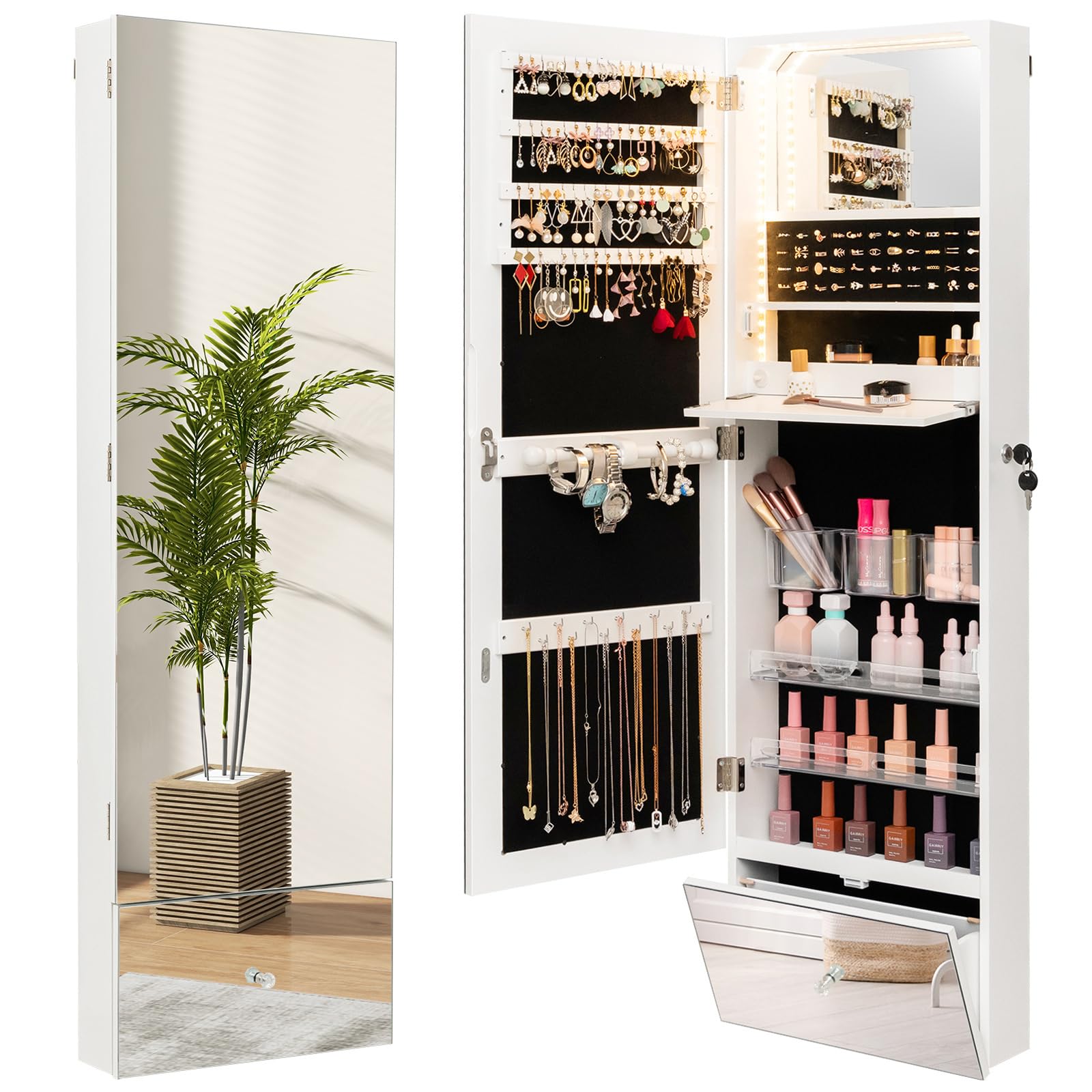 CHARMAID Jewelry Cabinet Wall Mounted, 47.2" Full Length Mirror, Lockable Jewelry Armoire with Tip out Storage Drawer 