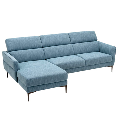 Giantex L-Shaped Sofa Couch, 3-Seat Upholstered Sofa with Wide Chaise Lounge, Adjustable Headrest, Blue 