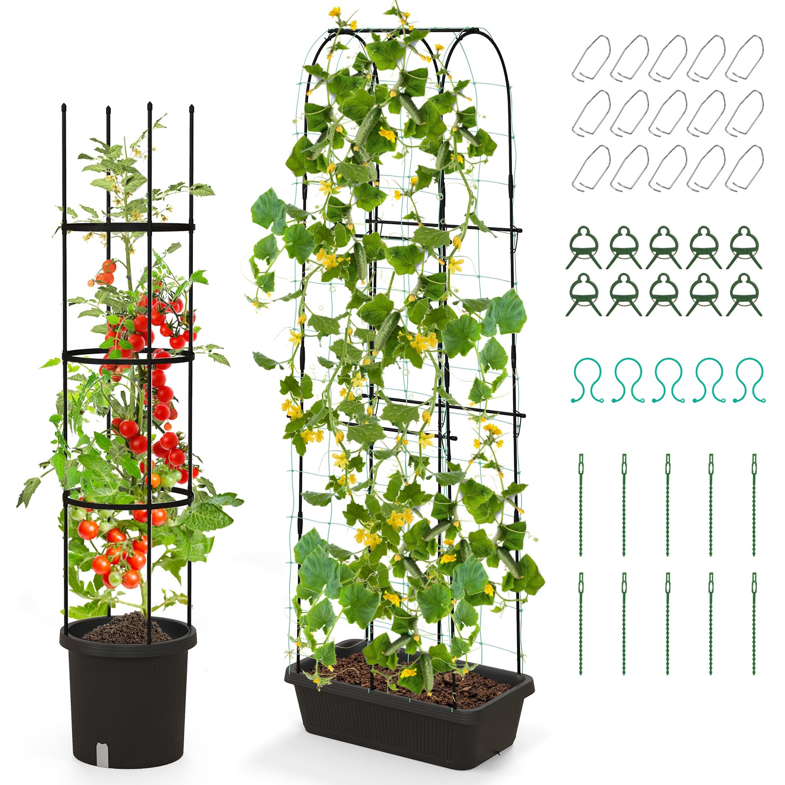 Giantex Set of 2 Raised Garden Bed w/Trellis & Plant Cage, Planter Box w/ 71” Cucumber Trellis 