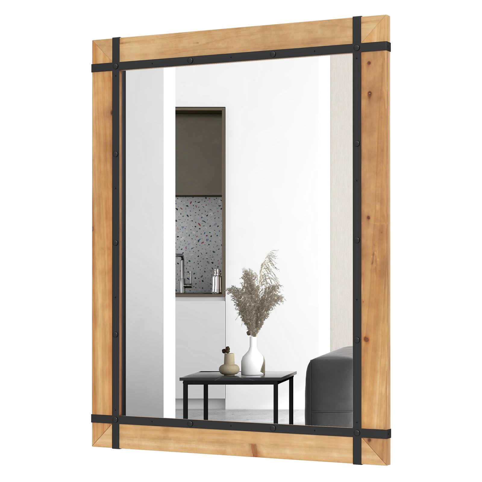 CHARMAID Wall Mirror, Farmhouse Vanity Mirror with Solid Wood Frame, Hanging Hooks 