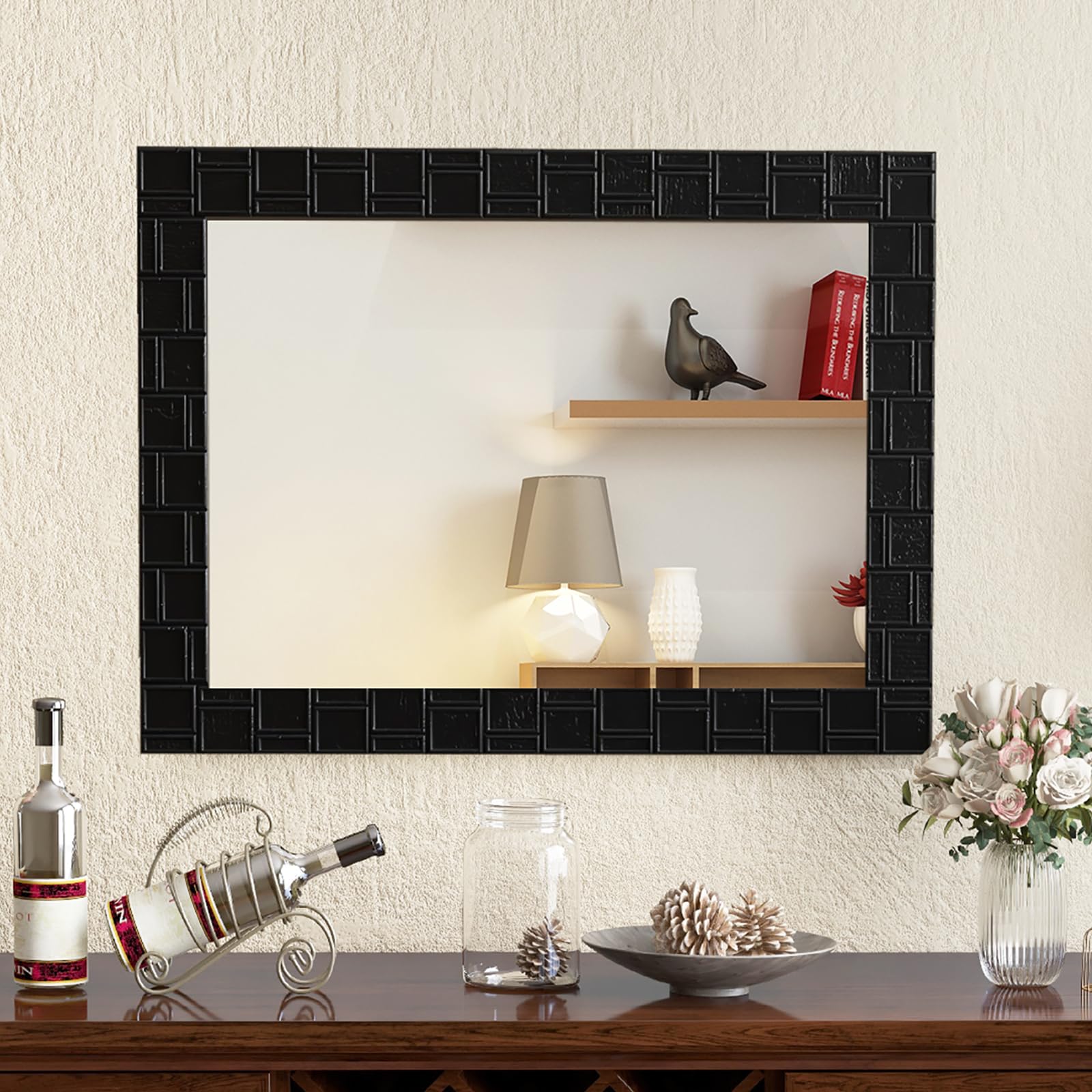 CHARMAID Wall Mirror, 32'' x 24'' Wood Framed Vanity Mirror with Hanging Hooks