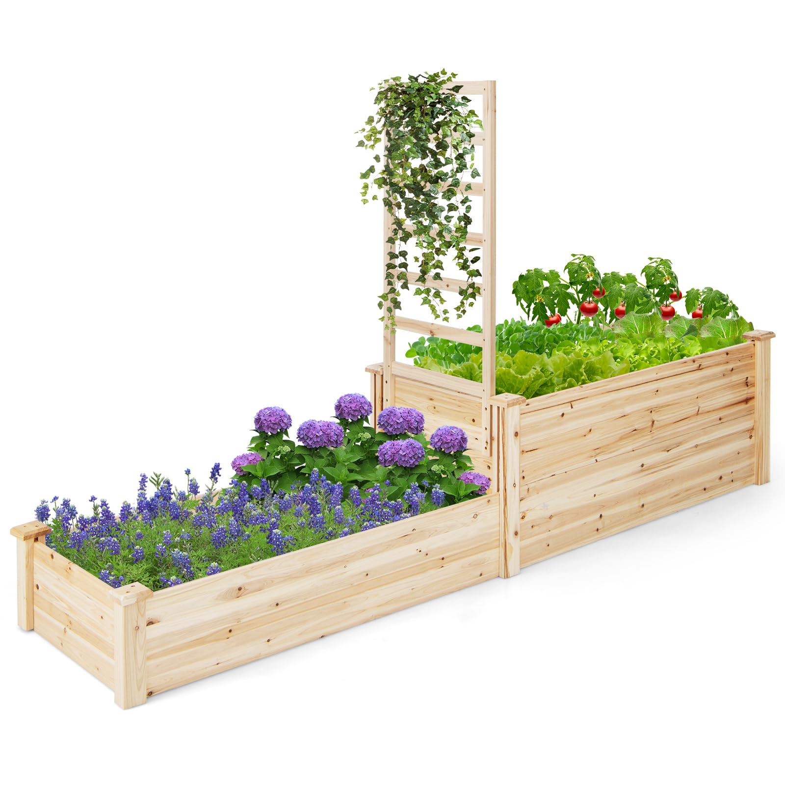Giantex Raised Garden Bed with Trellis, Set of 2 Wood Shallow & Deep Planter Box for Climbing Plants 