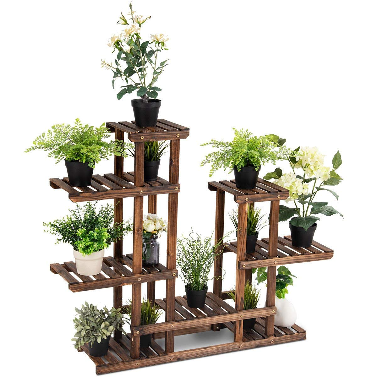 Giantex Flower Rack Wood Plant Stand 7 Wood Shelves 13 Pots 