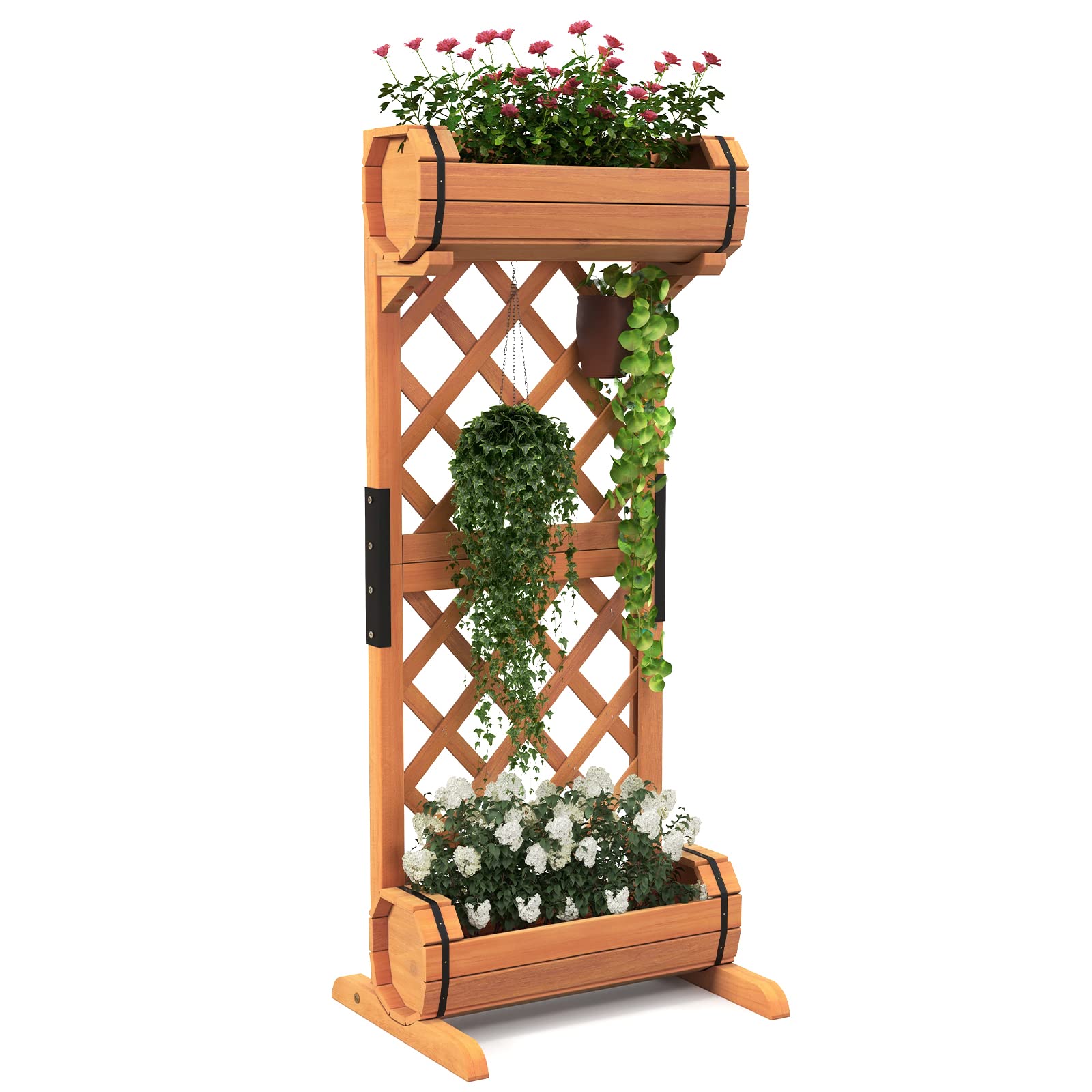 Giantex Raised Garden Bed with 2 Barrel Planters & Trellis 